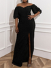 Robe grande taille pour femme Col bateau manches longues Lycra Spandex Robe longue fendue devant