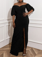 Robe grande taille pour femme Col bateau manches longues Lycra Spandex Robe longue fendue devant