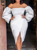 Robe grande taille pour femme col bateau manches longues Lycra Spandex robe moulante blanche fendue devant