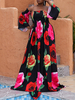 Robe grande taille pour femme Col bateau Manches longues Manches évasées Imprimé floral Lycra Spandex Robe longue plissée