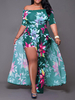 Robe grande taille pour femme col bateau manches mi-longues imprimé floral en polyester fendu sur le devant robe longue surdimensionnée