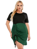 Robe grande taille pour femme col bijou manches courtes bicolore polyester vert robe tunique courte
