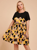 Robe grande taille pour femme col bijou manches courtes T-shirt géométrique plissée jaune robe tunique longueur genou