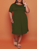 Robe grande taille pour femme col bijou manches mi-longues robe tunique plissée en polyester vert chasseur