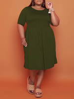 Robe grande taille pour femme col bijou manches mi-longues robe tunique plissée en polyester vert chasseur
