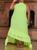 Robe grande taille pour femme col bijou sans manches Lycra Spandex volants herbe longue robe verte