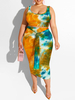 Robe grande taille pour femme col carré sans manches tie-dye polyester à lacets robe longue moulante orange