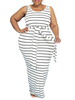 Robe grande taille pour femme col en U sans manches à rayures motif polyester à lacets surdimensionné blanc longue robe moulante