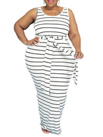 Robe grande taille pour femme col en U sans manches à rayures motif polyester à lacets surdimensionné blanc longue robe moulante