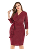 Robe grande taille pour femme col en V manches 3/4 polyester robe longueur genou bordeaux