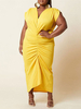 Robe grande taille pour femme col en V manches courtes Lycra Spandex longue robe moulante plissée