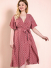 Robe grande taille pour femme col en V manches courtes polyester à pois robe mi-longue bordeaux