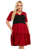 Robe grande taille pour femme col en V manches courtes robe tunique courte en polyester bicolore rouge