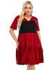Robe grande taille pour femme col en V manches courtes T-shirt manches deux tons longueur au genou robe une pièce rouge