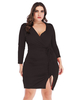Robe grande taille pour femme col en V manches longues en polyester noir robe moulante courte