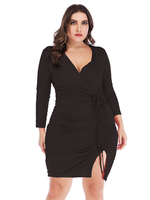 Robe grande taille pour femme col en V manches longues en polyester noir robe moulante courte