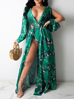 Robe grande taille pour femme col en V manches longues imprimé floral en polyester fendu sur le devant robe longue surdimensionnée