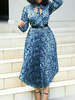 Robe grande taille pour femme col en V manches longues imprimé Lycra Spandex bleu robe longue