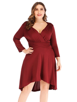 Robe grande taille pour femme Col en V Manches longues Polyester Bourgogne Robe dété longueur genou