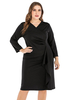 Robe grande taille pour femme col en V manches longues polyester noir robe une pièce longueur genou
