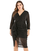Robe grande taille pour femme col en V manches longues polyester noir robe une pièce longueur genou