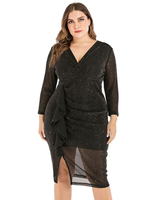 Robe grande taille pour femme col en V manches longues polyester noir robe une pièce longueur genou