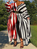 Robe grande taille pour femme col en V manches longues rayures motif polyester boutons noir robe longue rouge