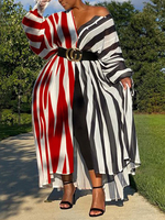 Robe grande taille pour femme col en V manches longues rayures motif polyester boutons noir robe longue rouge