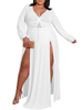 Robe grande taille pour femme Col en V Manches longues Robe longue blanche en polyester fendu