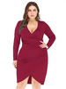 Robe grande taille pour femme col en V manches longues robe une pièce bordeaux surdimensionnée au genou