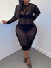 Robe grande taille pour femme col haut manches longues passepoil polyester robe moulante mi-longue