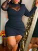 Robe grande taille pour femme col haut manches longues polyester longueur au genou robe moulante mi-longue noire
