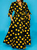 Robe grande taille pour femme col rabattu manches courtes polyester à pois jaune robe longue