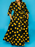Robe grande taille pour femme col rabattu manches courtes polyester à pois jaune robe longue