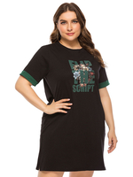 Robe grande taille pour femme noir col bijou manches courtes t-shirt imprimé surdimensionné longueur genou robe droite