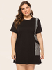 Robe grande taille pour femme noir col bijou T-shirt court manches rayures surdimensionné robe une pièce moyenne