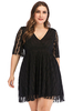 Robe grande taille pour femme noire col en v manches courtes manches illusion dentelle robe surdimensionnée longueur genou