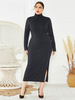 Robe grande taille pour femme noire col haut manches longues polyester asymétrique longue robe une pièce