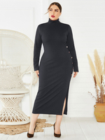 Robe grande taille pour femme noire col haut manches longues polyester asymétrique longue robe une pièce