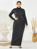 Robe grande taille pour femme noire col haut manches longues polyester passepoil longue robe une pièce