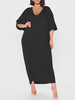 Robe grande taille pour femme Robe longue noire à col en V et manches longues en polyester
