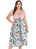 Robe grande taille pour femme Robe mi-longue rose à col en V et manches courtes à imprimé floral