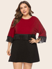 Robe grande taille pour femme rouge profond col bijou manches 3/4 bloc de couleur frange surdimensionné longueur au genou robe une pièce