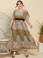 Robe grande taille pour femme vert clair col en cœur court T-Shirt manches polyester plissé surdimensionné longue robe une pièce