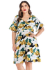 Robe grande taille pour femme vert col en V manches courtes manches évasées imprimé floral Polyester longueur genou robe