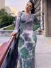 Robe grande taille pour femme violet col bijou manches longues polyester passepoil longue robe une pièce