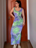Robe grande taille pour femme violet col en U sans manches teinture en polyester passepoil extensible longue robe une pièce
