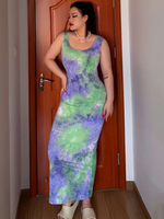 Robe grande taille pour femme violet col en U sans manches teinture en polyester passepoil extensible longue robe une pièce