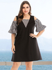 Robe grande taille pour femmes bretelles noires cou manches courtes évasées Plaid Polyester surdimensionné longueur au genou robe une pièce