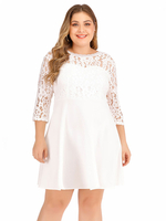 Robe grande taille pour femmes col bijou blanc 3/4 longueur manches illusion dentelle surdimensionnée longueur au genou robe une pièce